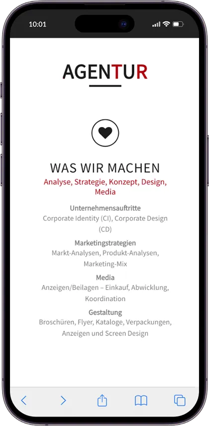 An iPhone displaying the responsive webdesign for 3Punkt's agency section