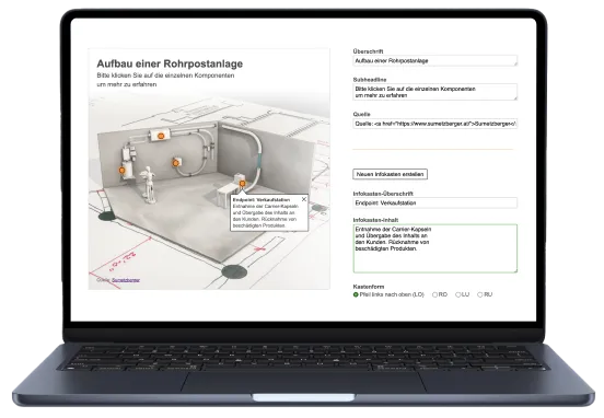 An iPad displaying the webdesign for developed application. Left side an image with clickable dots. Right side a form to enter the text which is displayed for each dot.