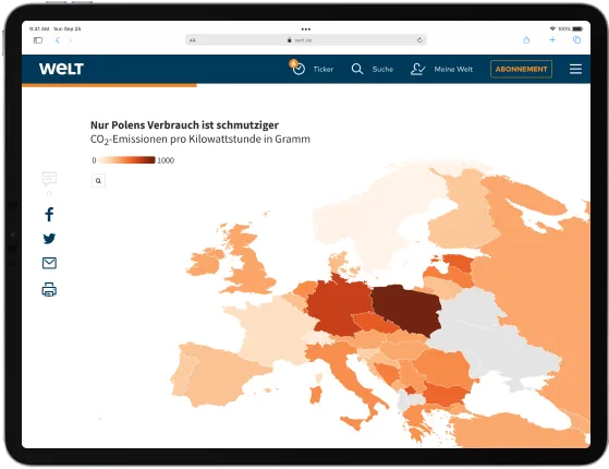 An iPad device displaying an interactive map of Europe on the welt website.