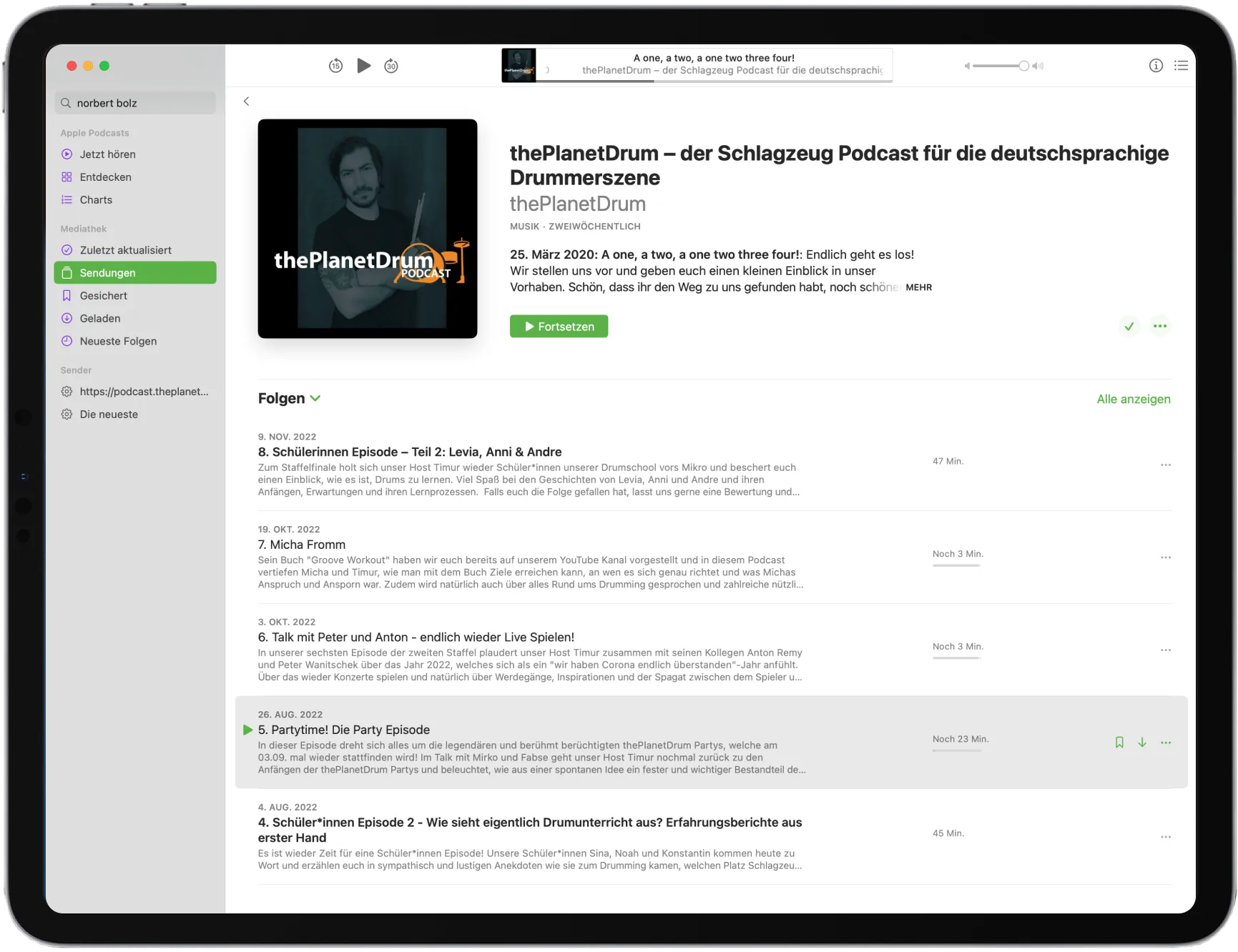 An iPad with Apple Podcasts app displaying the thePlanetDrum design 