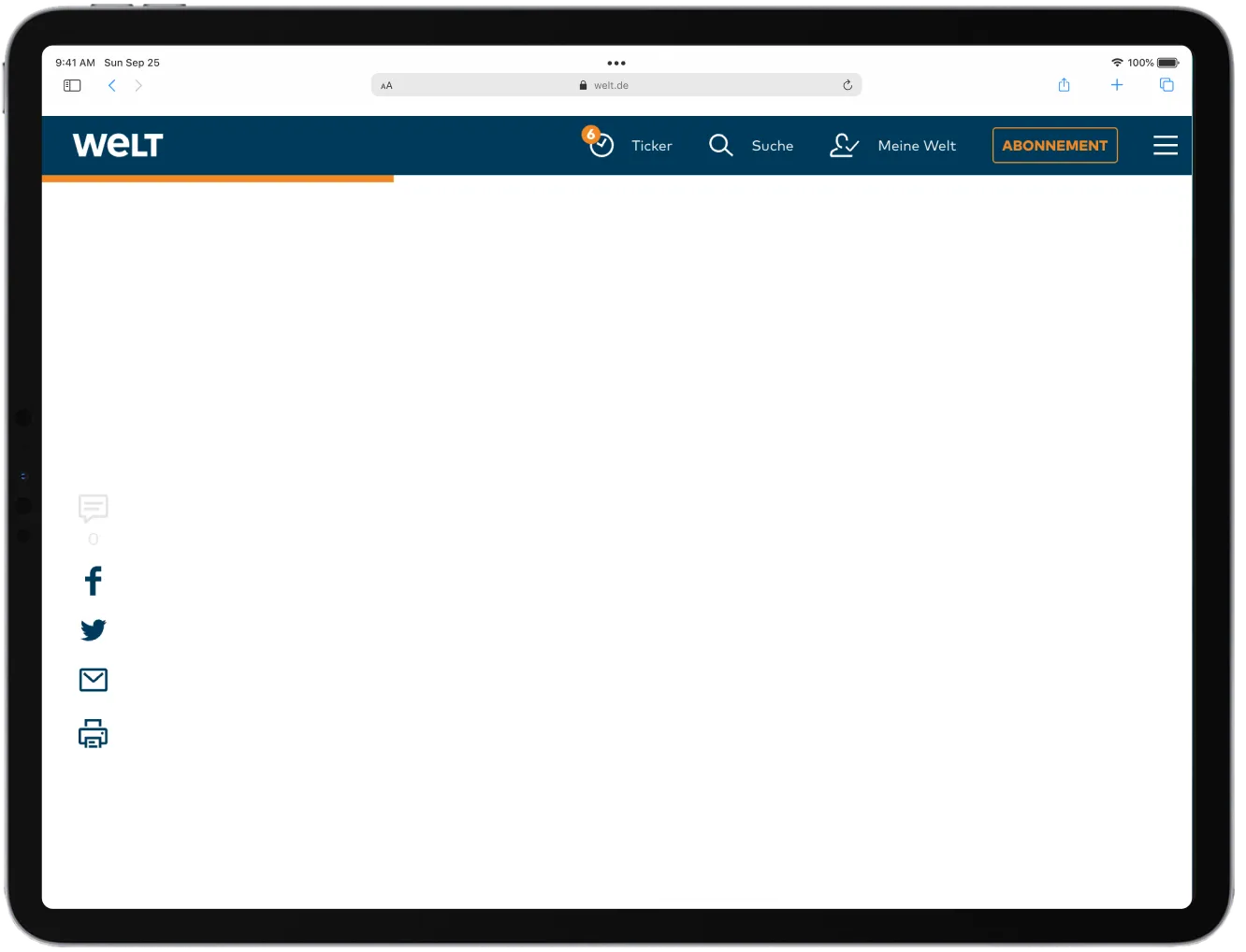 An iPad displaying the welt.de website interface.