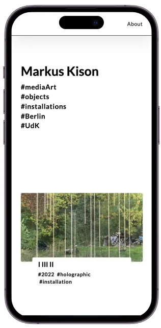 An iPhone showing the responsive webdesign for markuskison.de. A clean website with typography at the top and a single image at the bottom. 