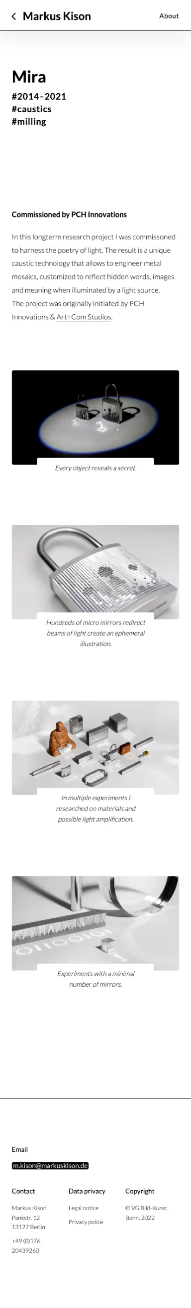 Webdesign showcase. A clean Responsive webdesign for Berlin based artist Markus Kison: website with typography black on white and centered images. Similar to a weblog.