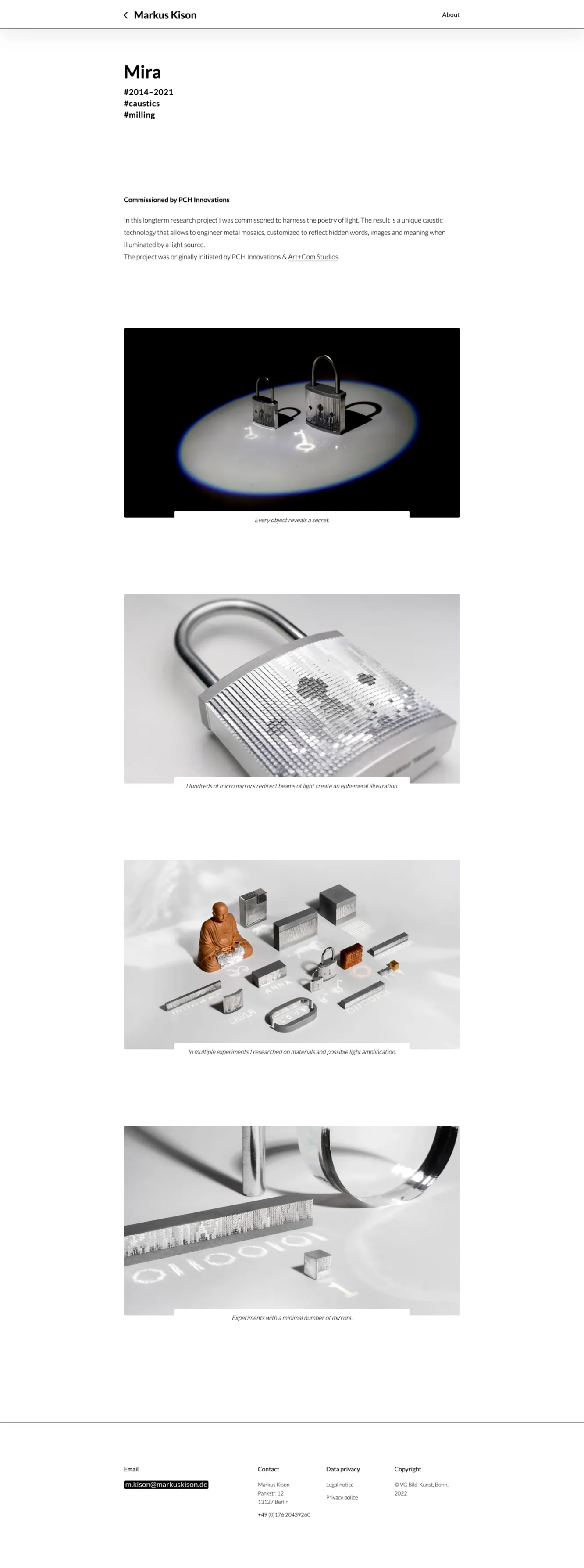 Responsive webdesign for Berlin based artist Markus Kison: Webdesign showcase. A clean website with typography black on white and centered images. Similar to a weblog.
