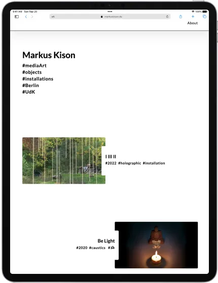 An iPad displaying the responsive webdesign for Berlin based artist Markus Kison. Clean typography black on white. Images with captions.