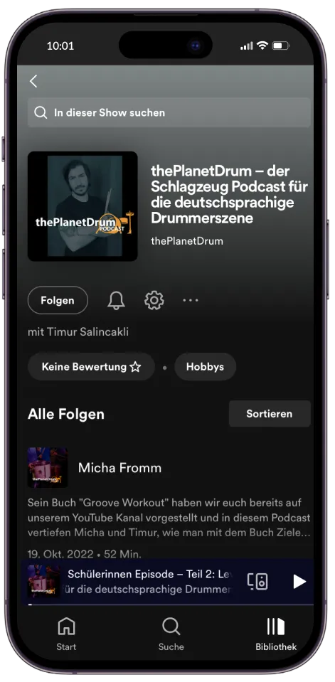 An iPhone with Spotify App displaying the podcast site for thePlanetDrum